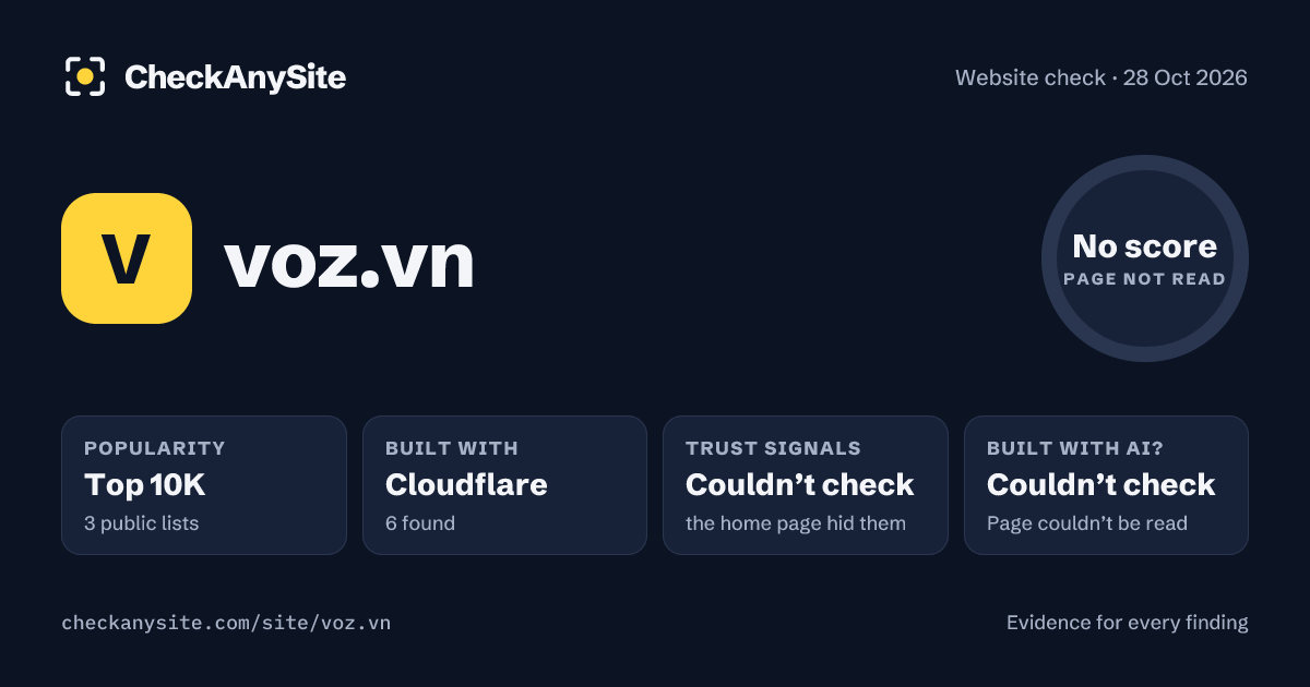 voz.vn on CheckAnySite: AI traces couldn’t check, popularity Top 10K, no score.