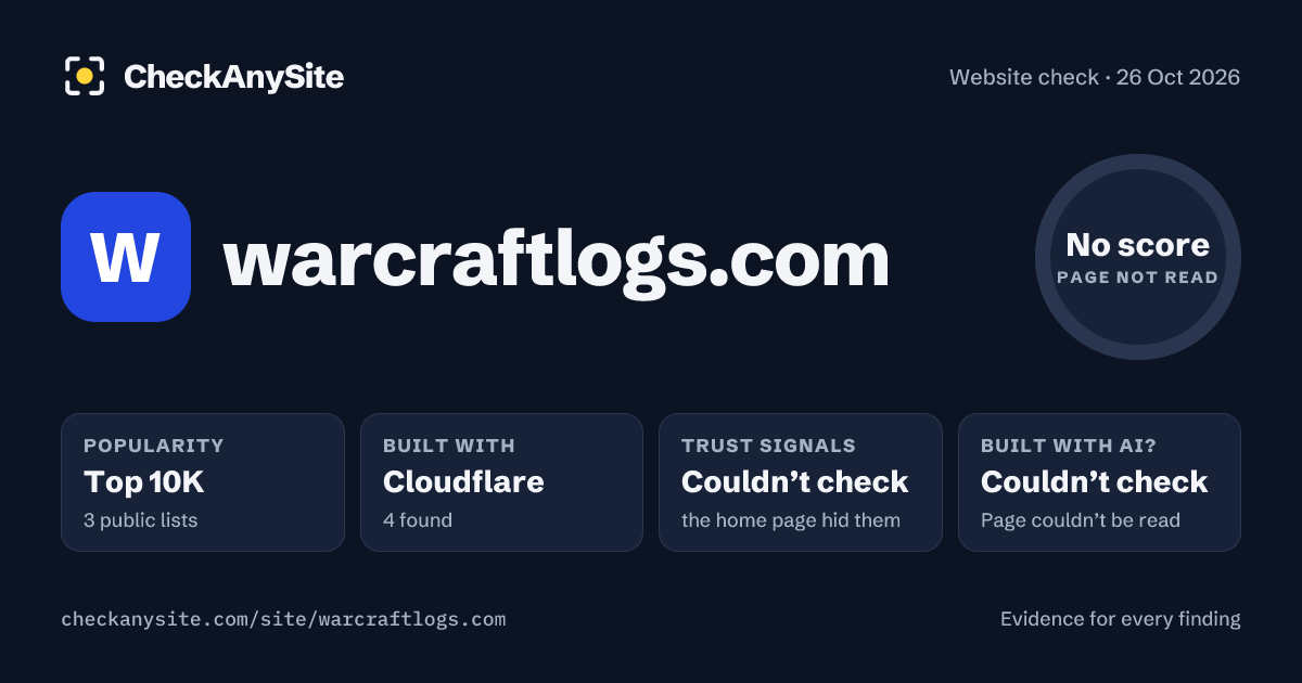 warcraftlogs.com on CheckAnySite: AI traces couldn’t check, popularity Top 10K, no score.