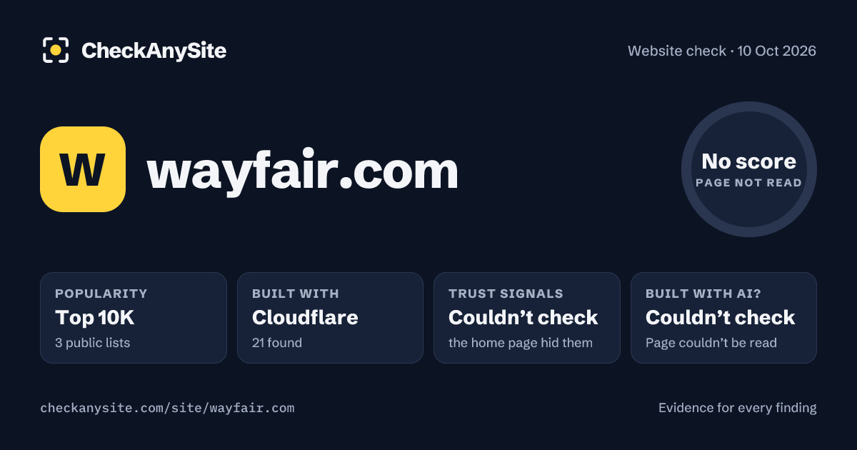 wayfair.com on CheckAnySite: AI traces couldn’t check, popularity Top 10K, no score.