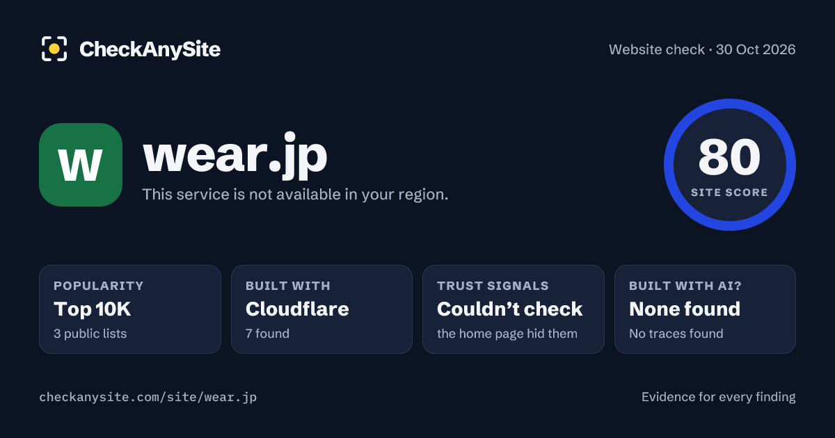 wear.jp on CheckAnySite: AI traces none found, popularity Top 10K, site score 80 of 100.