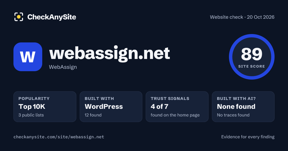 webassign.net on CheckAnySite: AI traces none found, popularity Top 10K, site score 89 of 100.
