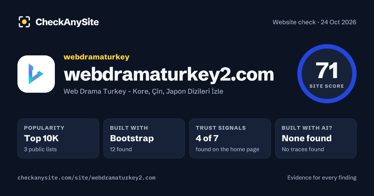 webdramaturkey2.com on CheckAnySite: AI traces none found, popularity Top 10K, site score 71 of 100.