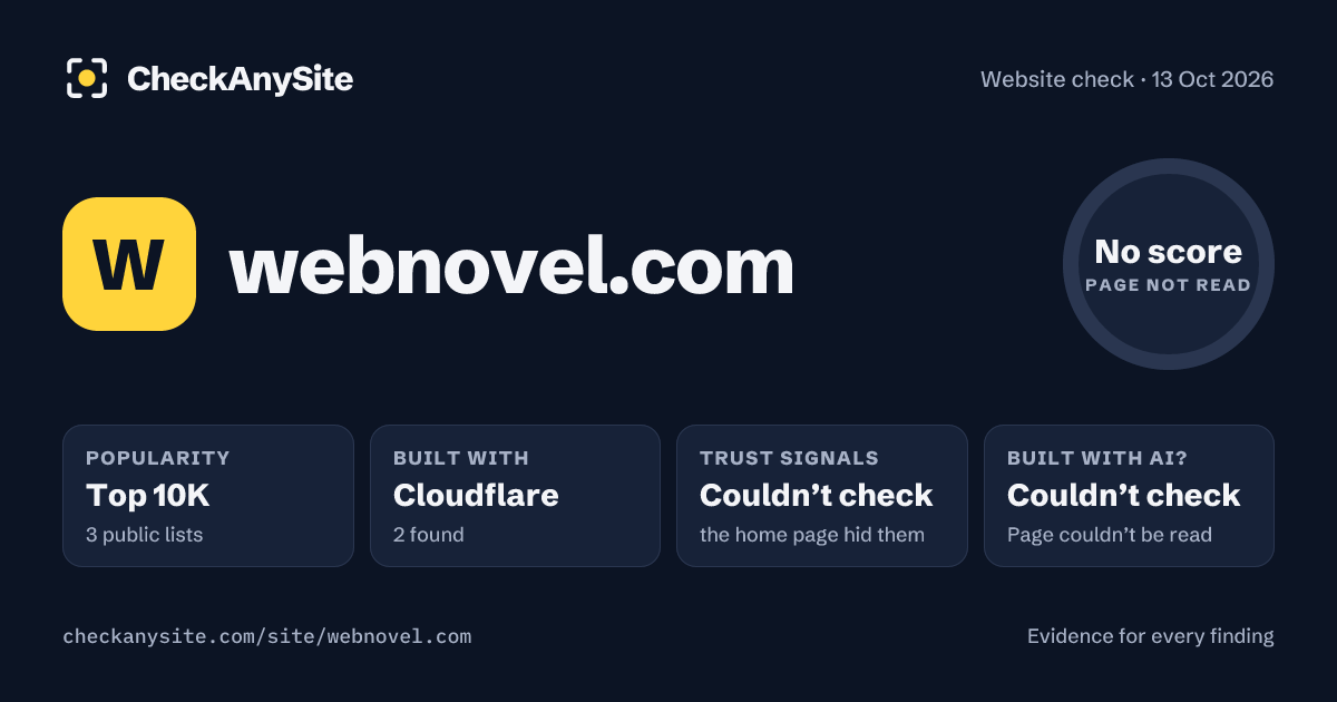 webnovel.com on CheckAnySite: AI traces couldn’t check, popularity Top 10K, no score.