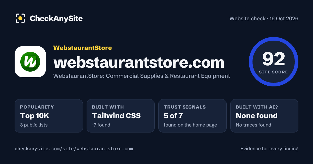 webstaurantstore.com on CheckAnySite: AI traces none found, popularity Top 10K, site score 92 of 100.