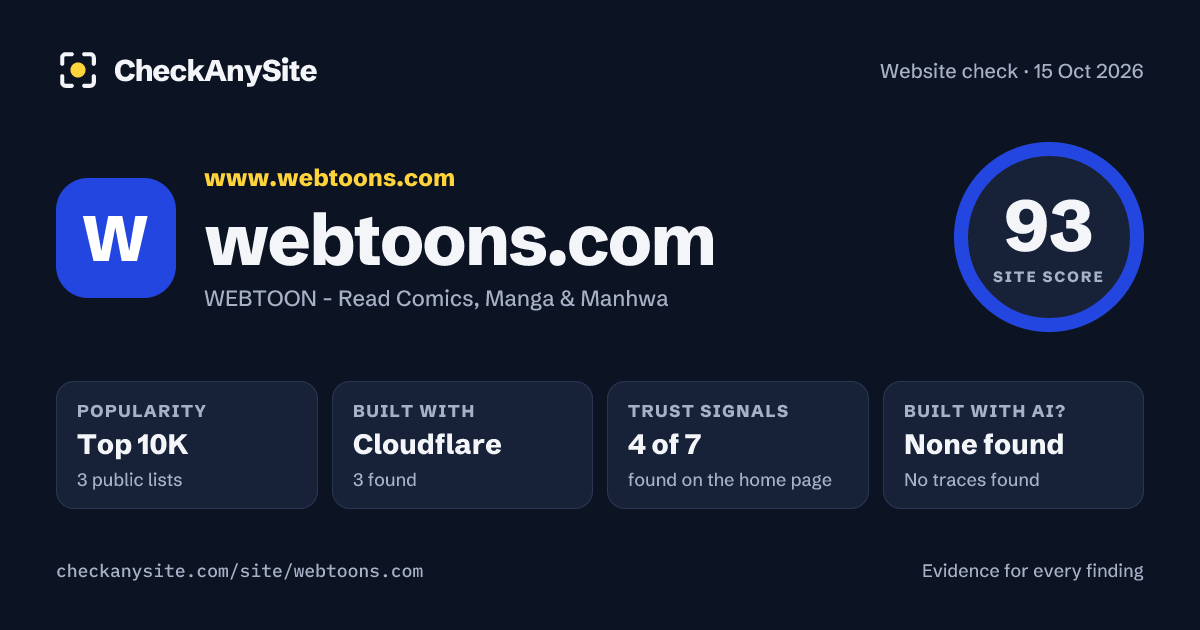 webtoons.com on CheckAnySite: AI traces none found, popularity Top 10K, site score 93 of 100.
