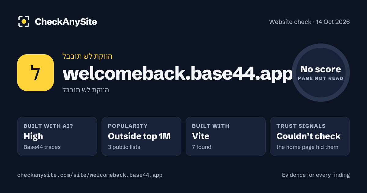 welcomeback.base44.app on CheckAnySite: AI traces high, popularity Outside top 1M, no score.
