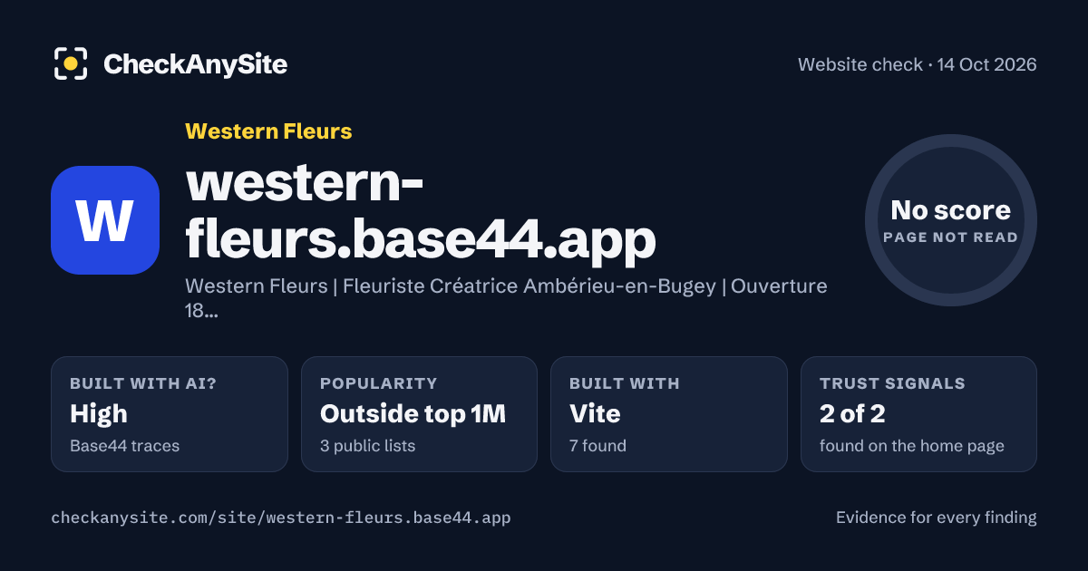 western-fleurs.base44.app on CheckAnySite: AI traces high, popularity Outside top 1M, no score.