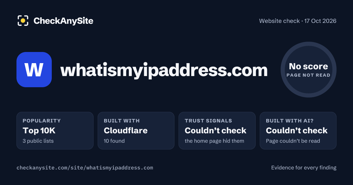 whatismyipaddress.com on CheckAnySite: AI traces couldn’t check, popularity Top 10K, no score.