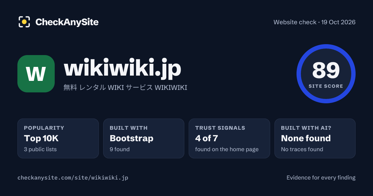 wikiwiki.jp on CheckAnySite: AI traces none found, popularity Top 10K, site score 89 of 100.