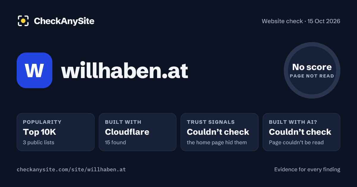 willhaben.at on CheckAnySite: AI traces couldn’t check, popularity Top 10K, no score.