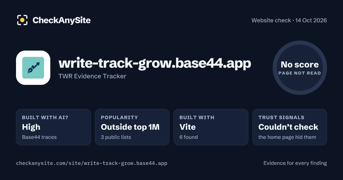 write-track-grow.base44.app on CheckAnySite: AI traces high, popularity Outside top 1M, no score.