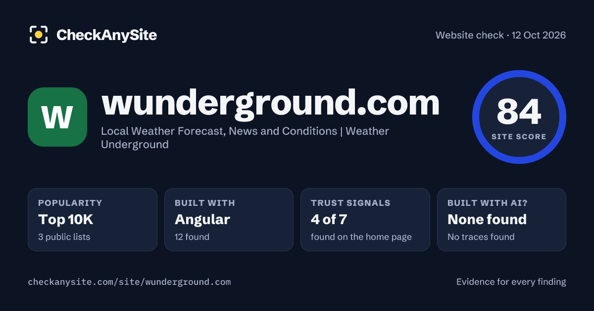 wunderground.com on CheckAnySite: AI traces none found, popularity Top 10K, site score 84 of 100.
