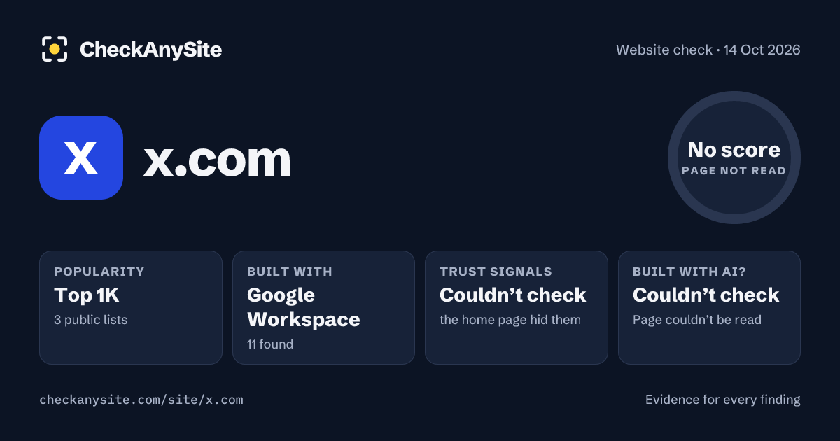 x.com on CheckAnySite: AI traces couldn’t check, popularity Top 1K, no score.