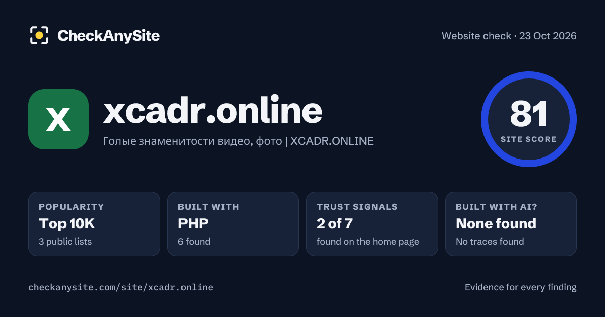 xcadr.online on CheckAnySite: AI traces none found, popularity Top 10K, site score 81 of 100.