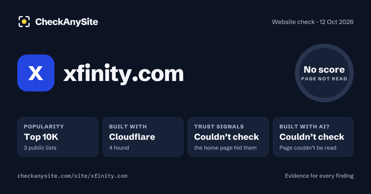 xfinity.com on CheckAnySite: AI traces couldn’t check, popularity Top 10K, no score.