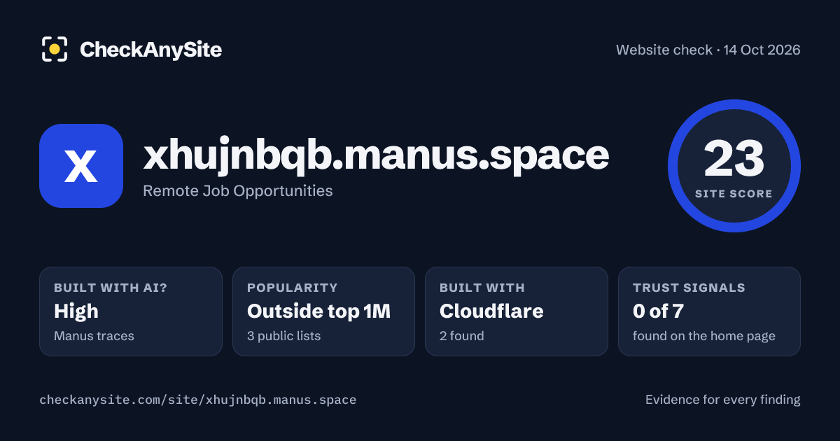 xhujnbqb.manus.space on CheckAnySite: AI traces high, popularity Outside top 1M, site score 23 of 100.