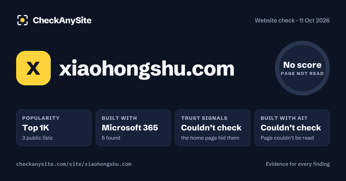 xiaohongshu.com on CheckAnySite: AI traces couldn’t check, popularity Top 1K, no score.