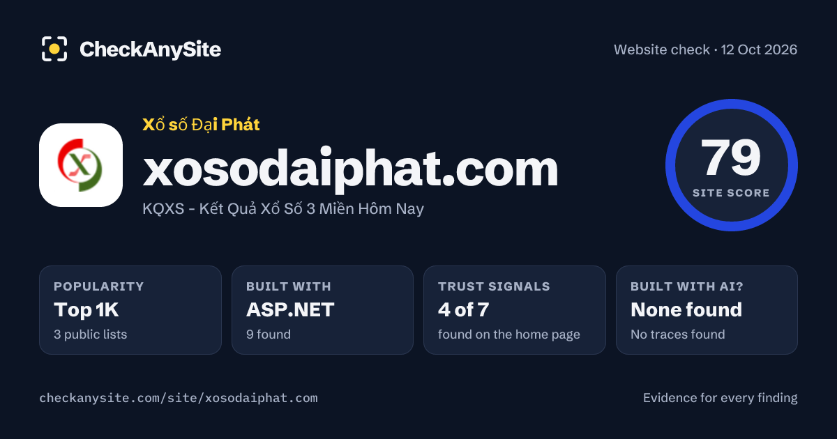 xosodaiphat.com on CheckAnySite: AI traces none found, popularity Top 1K, site score 79 of 100.