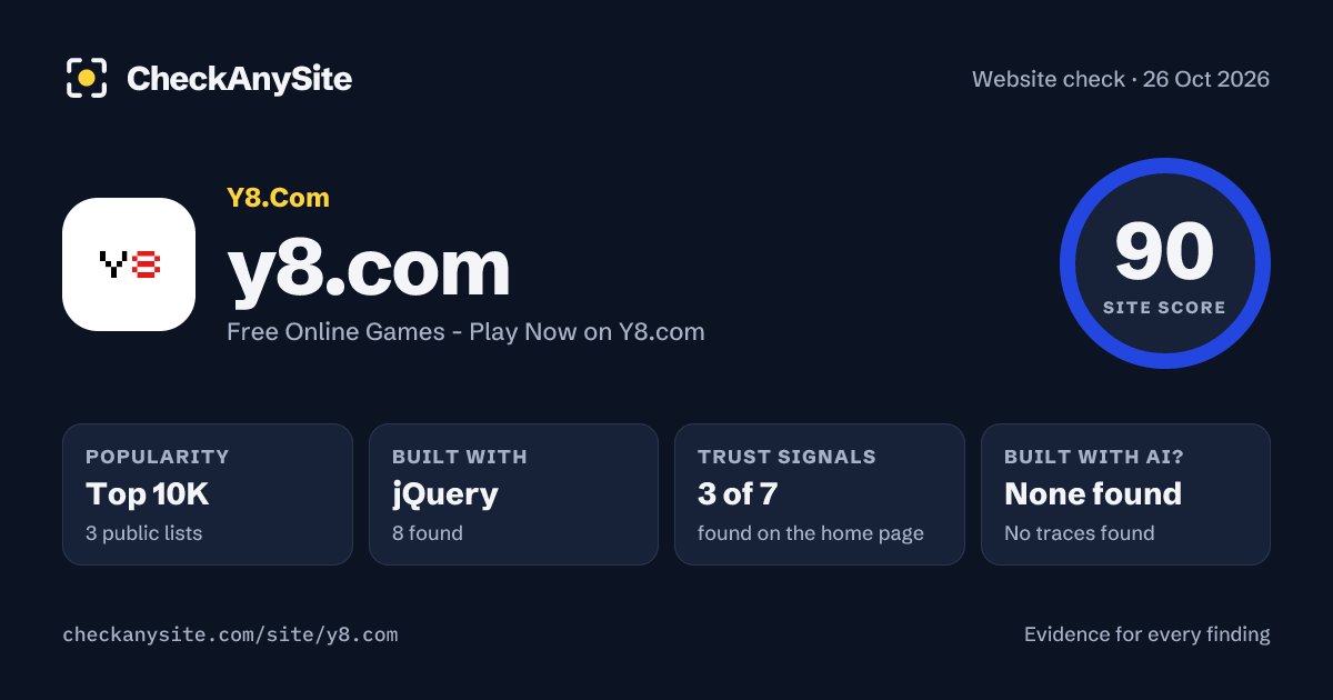 y8.com on CheckAnySite: AI traces none found, popularity Top 10K, site score 90 of 100.