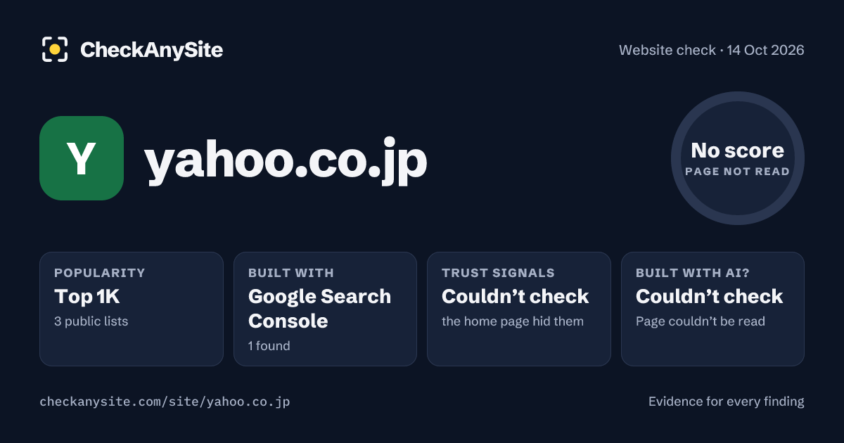 yahoo.co.jp on CheckAnySite: AI traces couldn’t check, popularity Top 1K, no score.