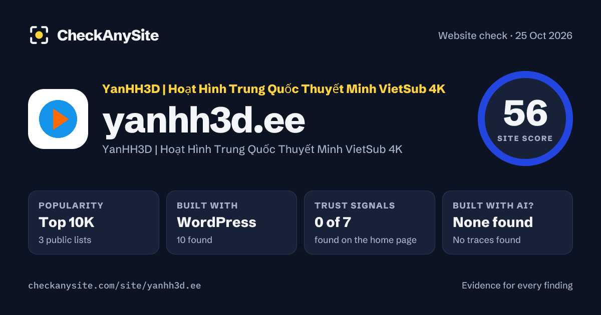yanhh3d.ee on CheckAnySite: AI traces none found, popularity Top 10K, site score 56 of 100.