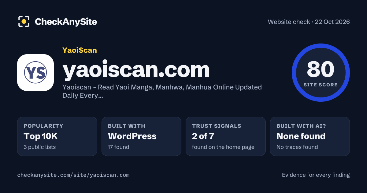 yaoiscan.com on CheckAnySite: AI traces none found, popularity Top 10K, site score 80 of 100.