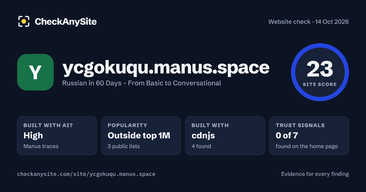 ycgokuqu.manus.space on CheckAnySite: AI traces high, popularity Outside top 1M, site score 23 of 100.