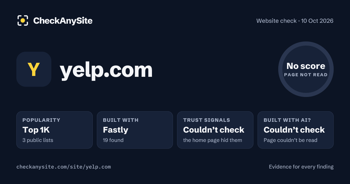 yelp.com on CheckAnySite: AI traces couldn’t check, popularity Top 1K, no score.