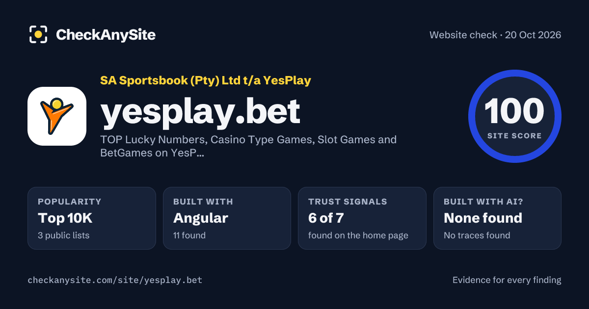 yesplay.bet on CheckAnySite: AI traces none found, popularity Top 10K, site score 100 of 100.