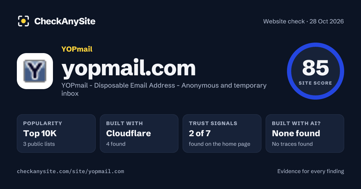 yopmail.com on CheckAnySite: AI traces none found, popularity Top 10K, site score 85 of 100.