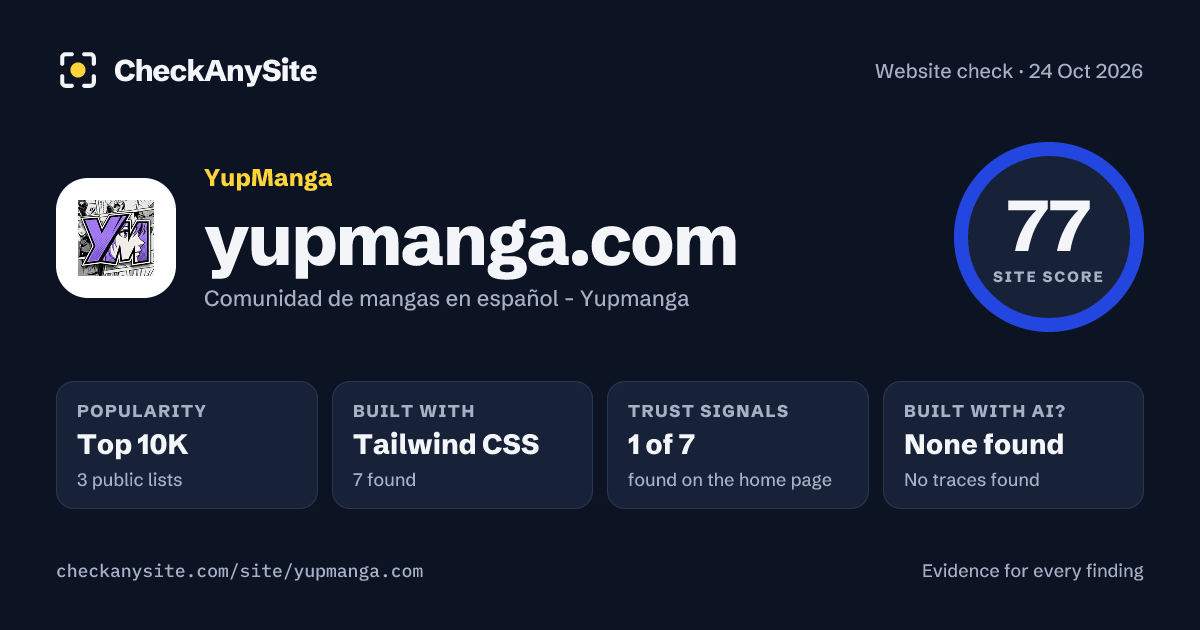 yupmanga.com on CheckAnySite: AI traces none found, popularity Top 10K, site score 77 of 100.