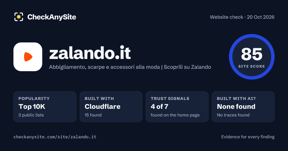 zalando.it on CheckAnySite: AI traces none found, popularity Top 10K, site score 85 of 100.