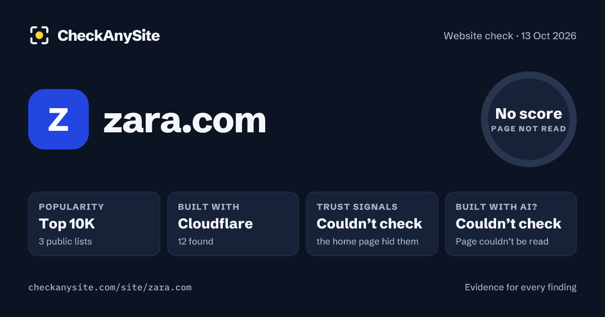 zara.com on CheckAnySite: AI traces couldn’t check, popularity Top 10K, no score.