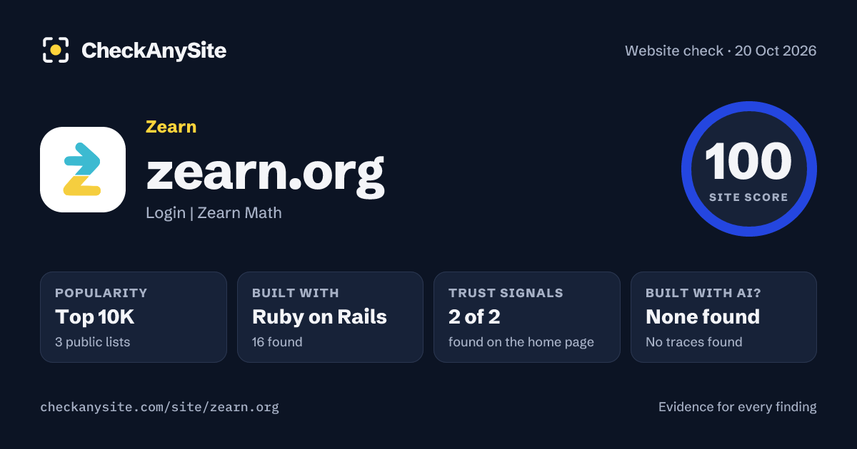 zearn.org on CheckAnySite: AI traces none found, popularity Top 10K, site score 100 of 100.